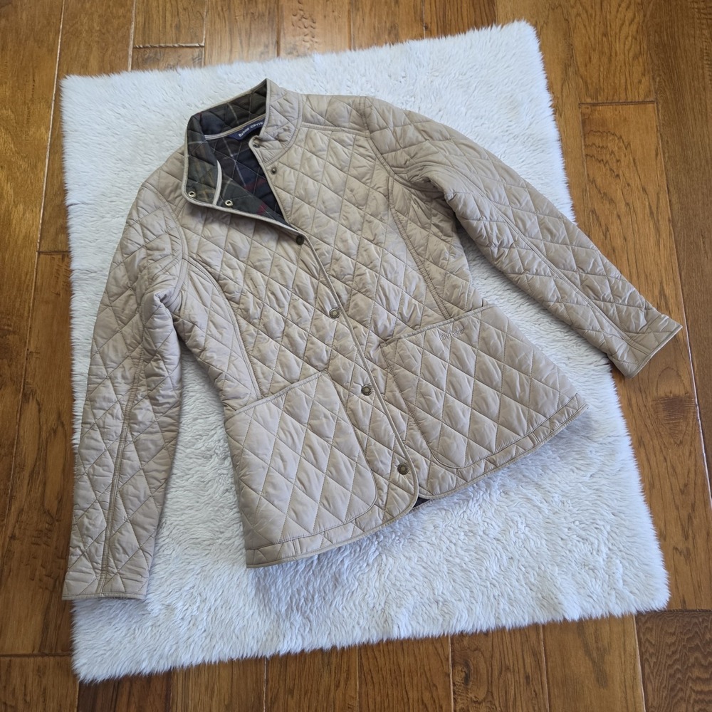 Barbour x Orvis Scafell Quilted Tartan Jacket Women's 8 Beige Pockets Snap Close